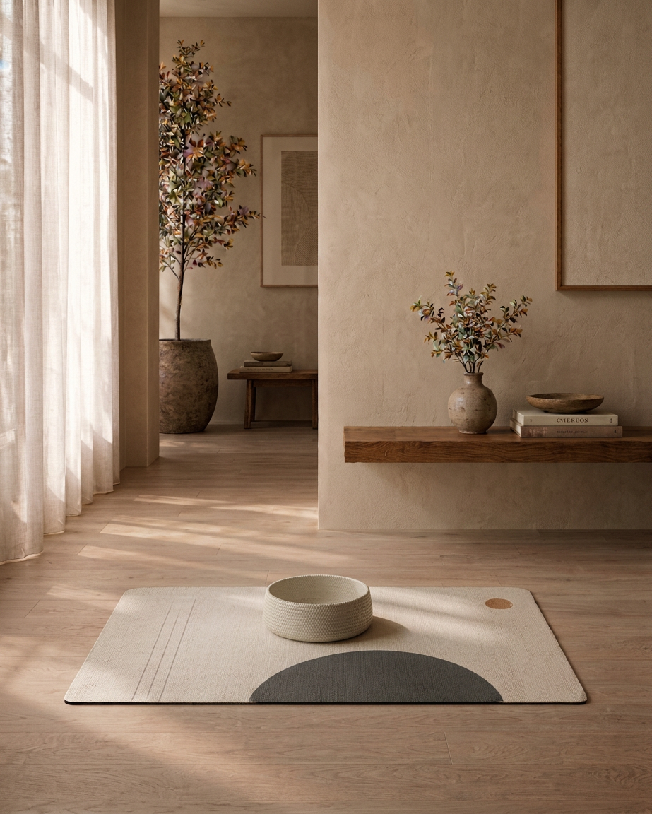 A FORMEA linen feeding mat resting in a warm, architectural interior